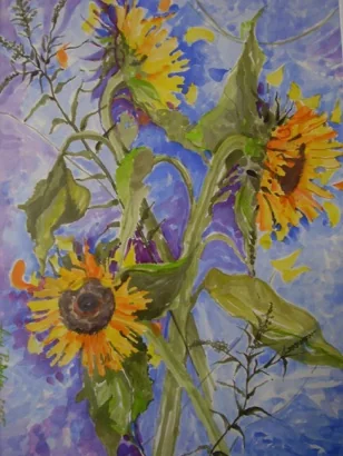 Aquarel van zonnebloemen in gele en blauwe tinten
