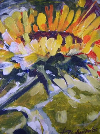 Olieverfschilderij van zonnebloemen in warme gele tinten