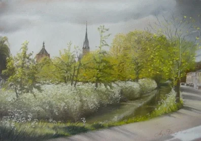 Pasteltekening van een landschap met een kerktoren tussen bomen