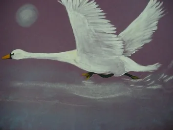 Schilderij van een witte zwaan in pasteltinten